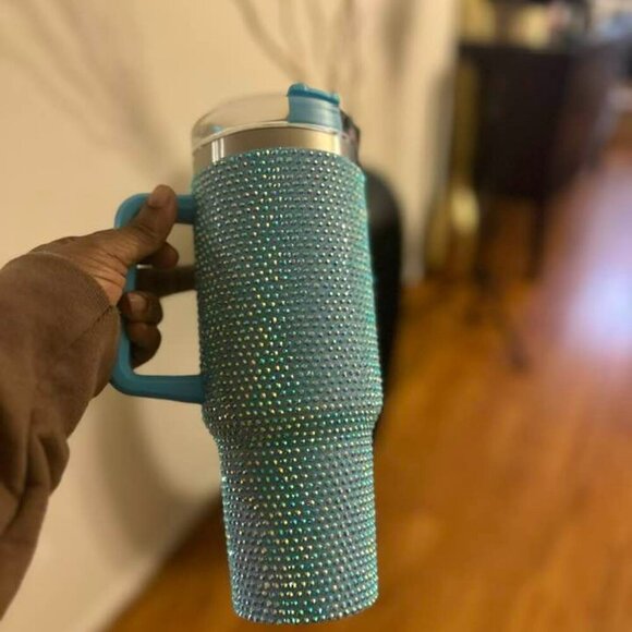 BLUE RHINESTONE 40oz TUMBLER WITH HANDLE- BLING CUP - Picture 6 of 6